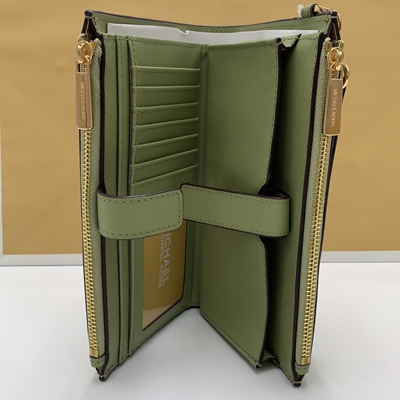 MICHAEL KORS LARGE DOUBLE ZIP WRISTLET WALLET LIGHT SAGE COLOR - Picture 4 of 13